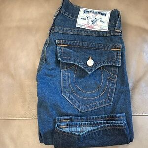 True Religion Dark Blue Denim with Orange Stitching